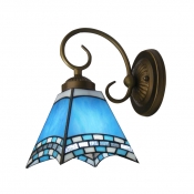 Fascinating Cerulean Glass Shade with Lovely Grid Accent Wrought Iron Wall Light