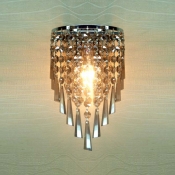 Graceful Crystal Stream and Polished Silver Finish Stainless Steel Frame Accented Glamorous Single Light Hallway Wall Sconce