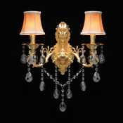 Elegant Camel Fabric Shade Wall Sconce Completed with Crystal Drops and Graceful Scrolling Arms