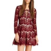 Delicate Crochet Lace Drawstring Chest Burgundy Dress