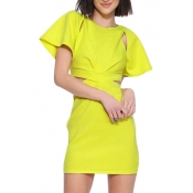 Short Flare Sleeve Shoulder&Waist Cutout Unique Yellow Slim Dress