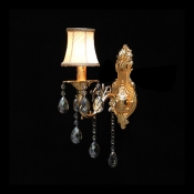 Fabulous Crystal Accents and Delicate Gold Canopy Composed Stunning Wall Sconce Topped with White Fabric Shade