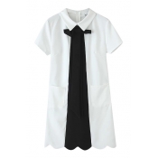 Lapel Mono Front Opening Bow Tie Short Sleeve Curve Hem Dress