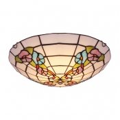Adorable Blue and Purple Flowers Patterned Glass Shade Two Lights Tiffany Flush Mount Ceiling Light