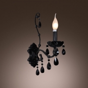 Modern Black Finish  Wall Sconce with One Candle Light Adorned with Beautiful Black Crystal Droplets