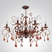 Bronze Finished Wrought Iron Charming Chandelier with Crystal Droplets