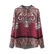 Vintage Totem Pattern Print Stand Up Collar Long Sleeve Blouse