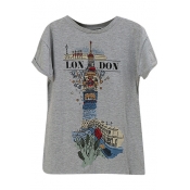 Cartoon London Tower Print Gray T-Shirt