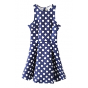 Navy Polka Dot Print Round Neck Sleeveless Ruffle Hem Fit&Flare Dress