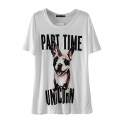 Cute Dog&Letter Print White T-Shirt