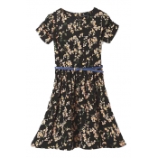 Floral Print Short Sleeve Belted Pleated Dress