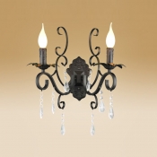 Vintage Black Base Two-light Wall Sconce Features Beautiful Crystal Accent and Graceful Scrolling Arms