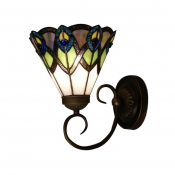 Beautiful Tiffany Glass Shade Wrought Iron Wall Sconce Designed for Up or Down Lighting