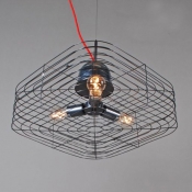 Industrial Black Cage Basket Three-light Pendant