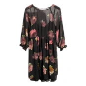 Floral Print Round Neck Sheer Chiffon Two Piece in One Dress