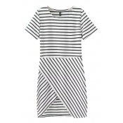 Stripe Print Round Neck Short Sleeve Asymmetric Hem Dress