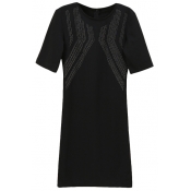 Symmetric Beaded Short Sleeve Black Slim Dress