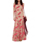 Sexy Nude Background Pink Embroidered Flower Embellished Floor Length Dress