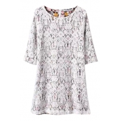 Lace Outside Floral Print Inside Round Neck 1/2 Sleeve Dress