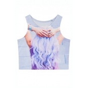 Long Hair Girl Print Fitted Round Neck Crop Tanks