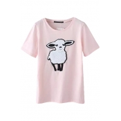 Sheep Embroidered Pink Fitted T-Shirt with Short Sleeve
