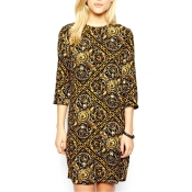 3/4 Sleeve Luxurious Ethnic Pattern Print Yellow Dress