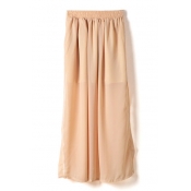 Nude Plain Elastic Waist Chiffon Split Hem Skirt