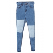 Color Block Blue Patch Stitch Detail Jeans with Zipper Fly