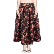 Camellia Print PU Elastic Waist Pleated Midi Skirt