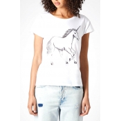 White Short Sleeve Horse Print Fitted T-Shirt