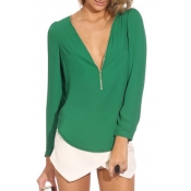 Green Long Sleeve Zippered V-Neck Chiffon Blouse