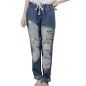 Butterfly Embroidered Ripped Elastic Waist Wide Leg Jeans