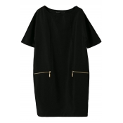 Round Neck 1/2 Sleeve Zipper Embellish Black Concise Office Lady Dress