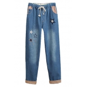 Star Embroidered Polka Dot Elastic Waist Drawstring Waist Jeans