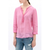 Pink Lace V-Neck Long Sleeve Blouse