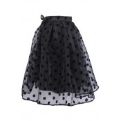 Organza Polka Dot A-Line Midi Skirt with Elastic Waist