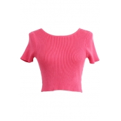 Plain Ribbed Knitting Short Sleeve Round Neck Sweater