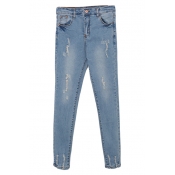 Light Wash Ripped Distressed Pencil Jeans with Zipper Fly