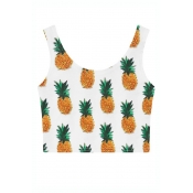 Pineapple Print Fitted Round Neck Crop Tanks