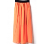 Orange Elastic Waist Chiffon Maxi Skirt