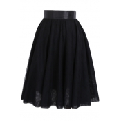 Plain Mesh Elastic Waist Layers A-Line Midi Skirt