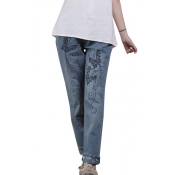 Embroidered Pattern Elastic Waist Color Block Trim Jeans