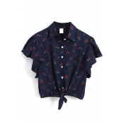 Cherry Print Ruffle Short Sleeve Cropped Top with Knotted Hem