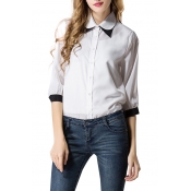1/2 Sleeve White Point Collar Chiffon Shirt with Black Trim