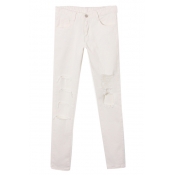 White Plain Ripped Busted Open Knee High Waist Jeans