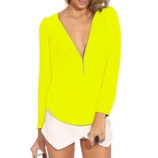 Yellow Long Sleeve Zippered V-Neck Chiffon Blouse