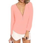 Pink Long Sleeve Zippered V-Neck Chiffon Blouse