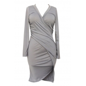 Wrap Front Gray Long Sleeve Bodycon Dress
