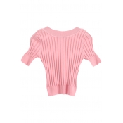 Ribbed Knitting Plain Candy Color Crop Short Sleeve Sweater