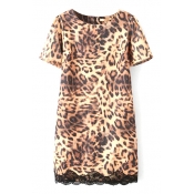 Leopard Pattern Print Lace Hem Panel Short Sleeve Dress